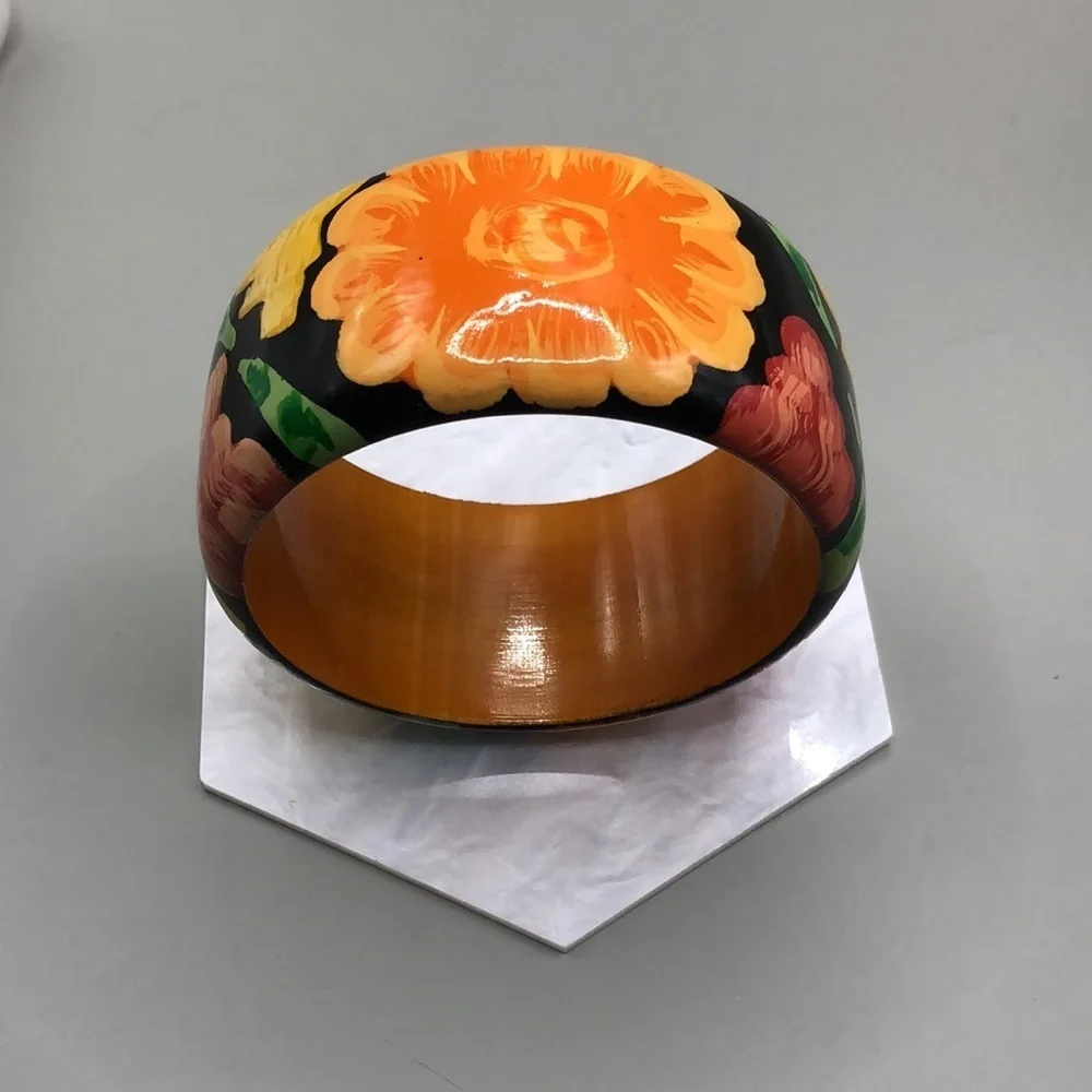 Handcrafted in India wooden hand painted floral flower bangle bracelet boho. - Picture 2 of 6